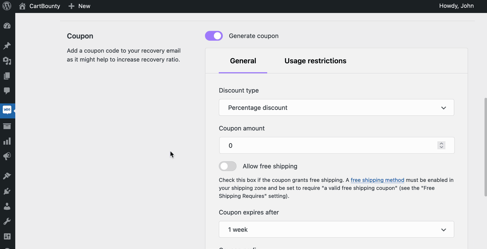 Coupon code generation settings Coupon code generation settings