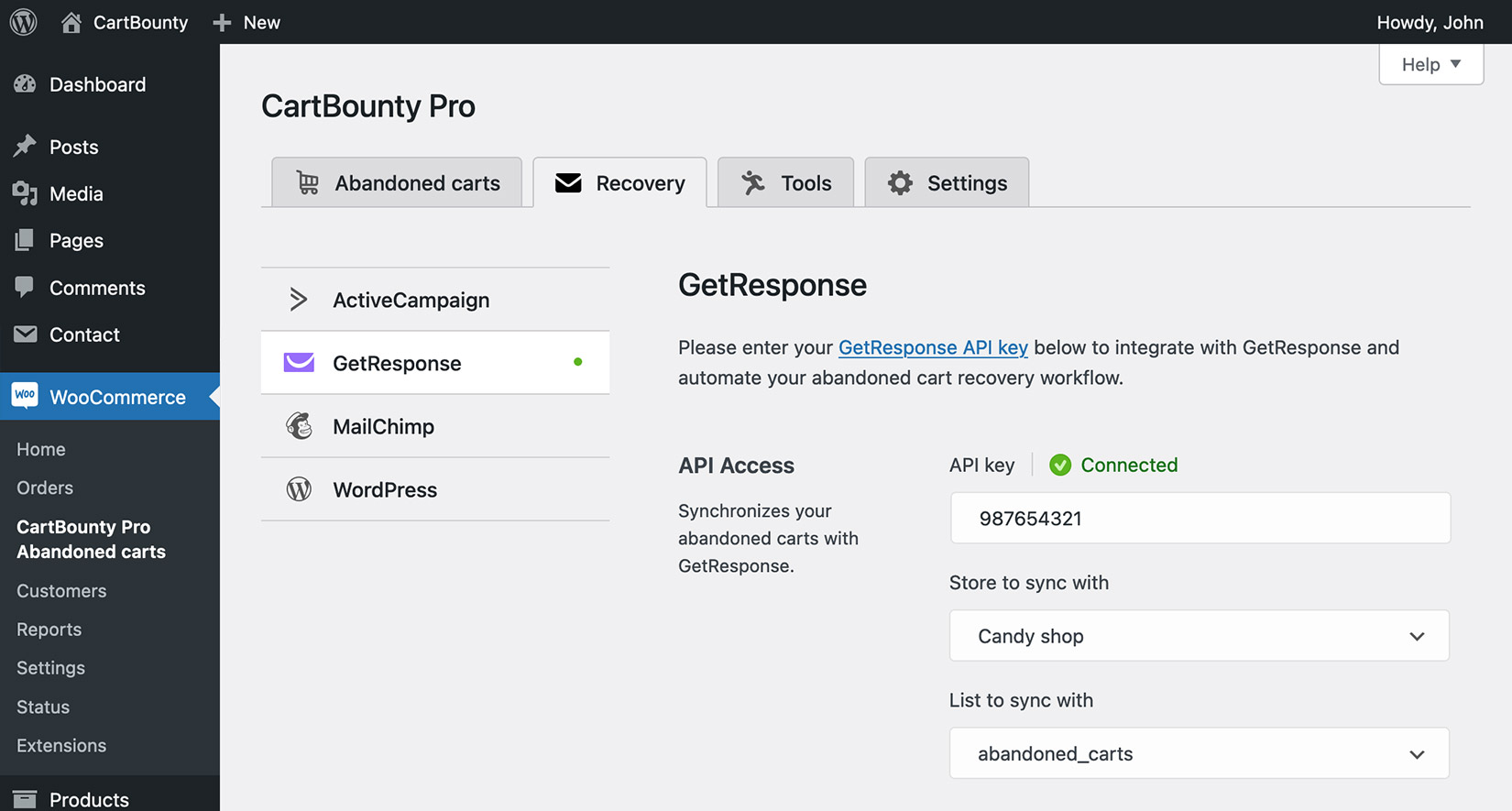 GetResponse integration with CartBounty enabled