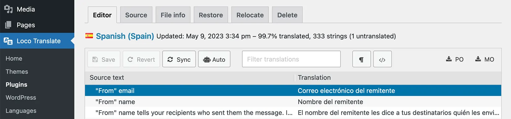 Sync button of Loco translate to update translation strings of a plugin