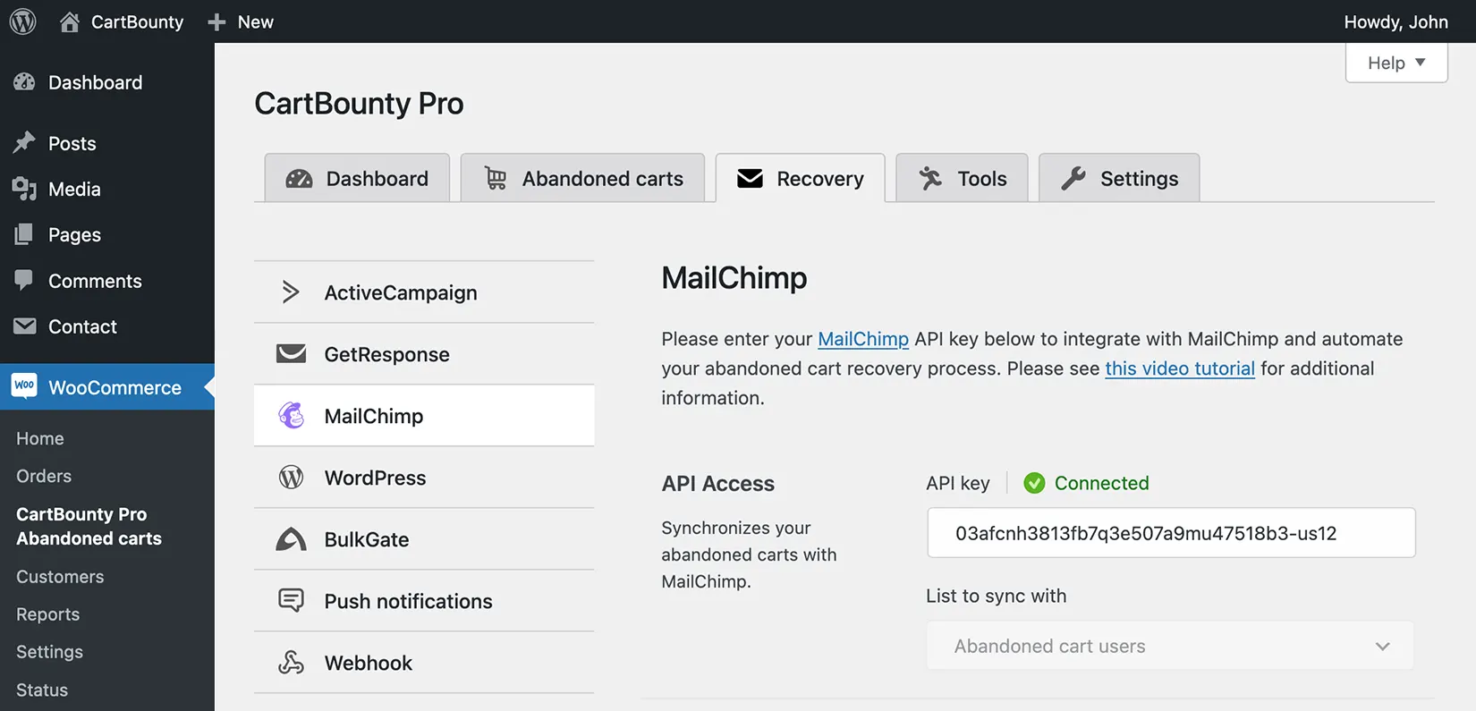 Example of successful integration of CartBounty with MailChimp CartBounty and MailChimp integration settings