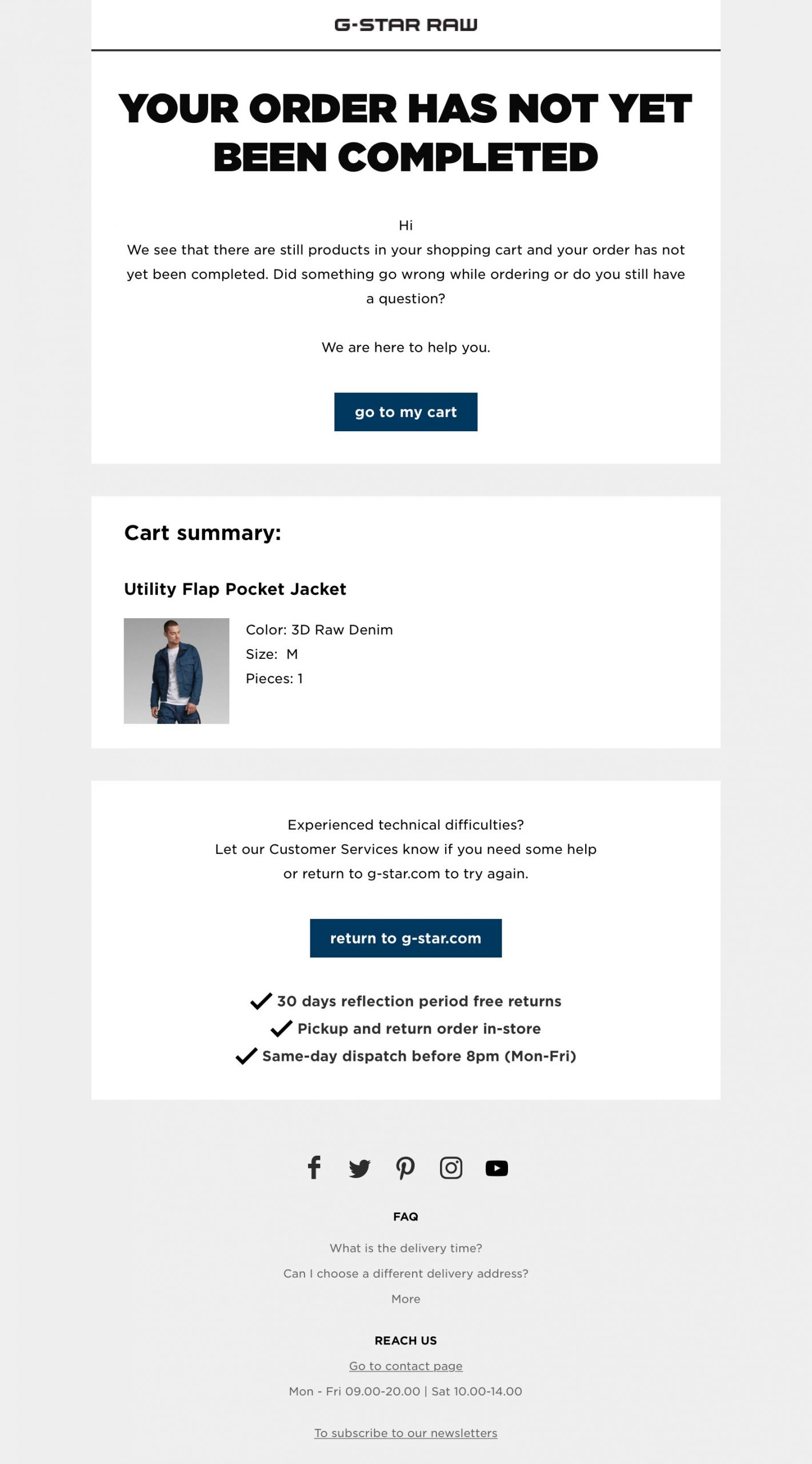 First abandoned cart recovery email. G-Star RAW