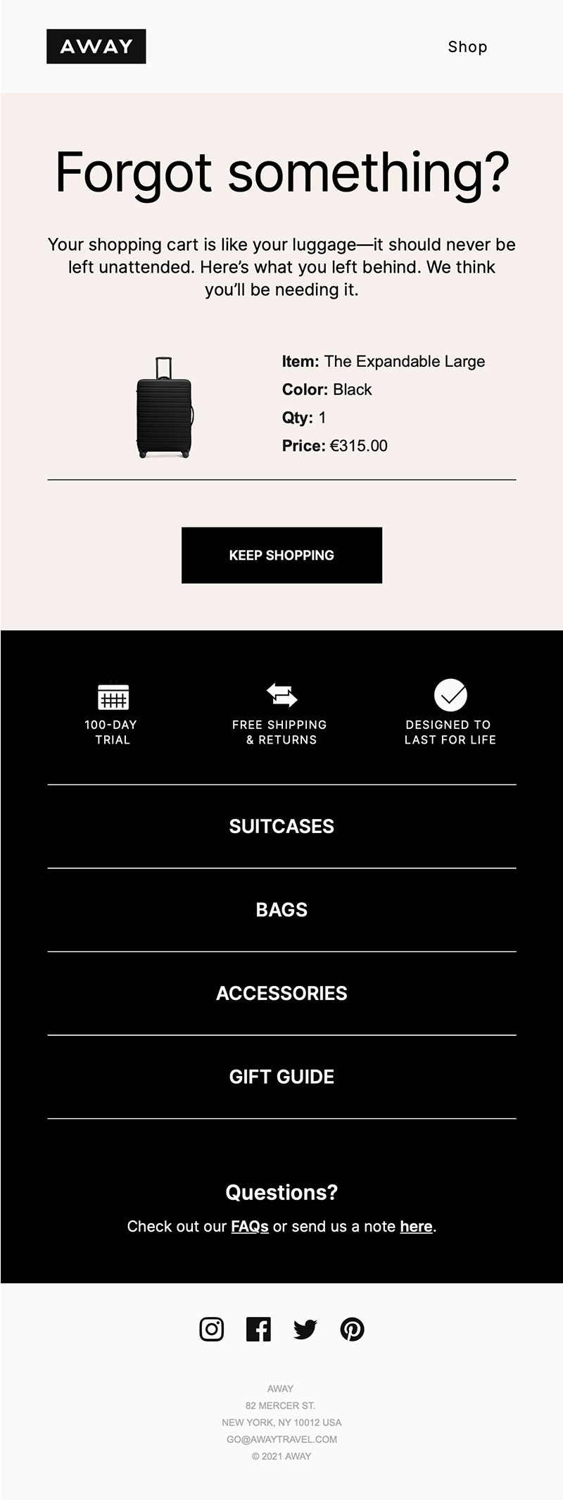 1st abandoned cart email. Away 1st abandoned cart email. Away