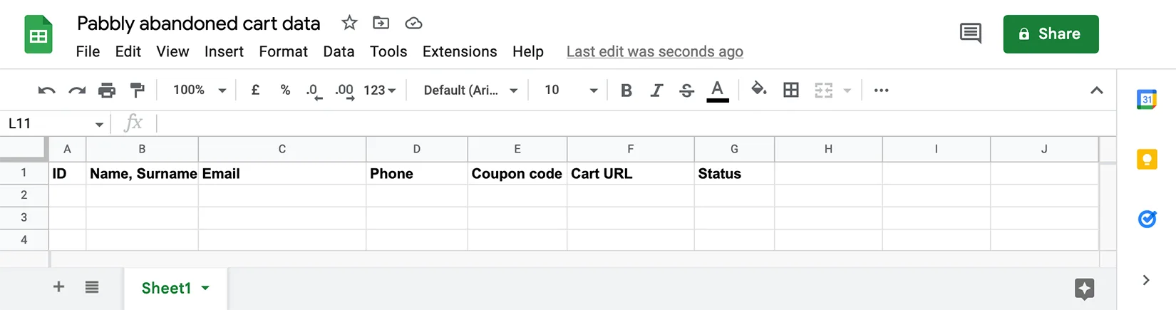 Google spreadsheet with column headers for storing abandoned carts