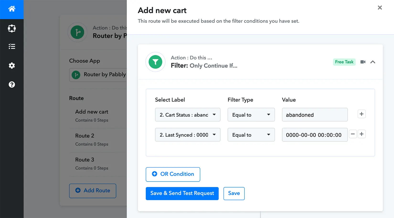 Filter conditions for the "Add new cart" route inside Pabbly