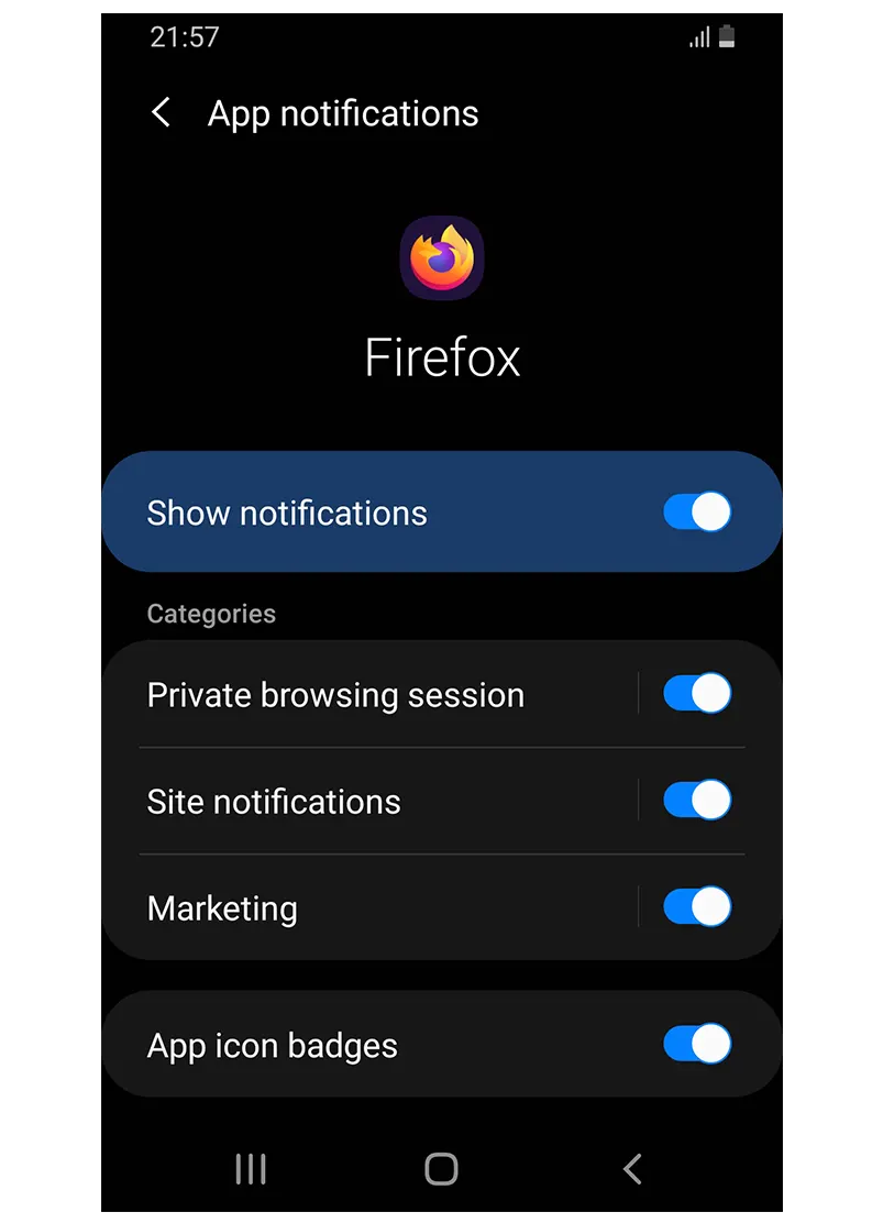 Push notification settings for Firefox in Android mobile phone Push notification settings for Firefox in Android mobile phone
