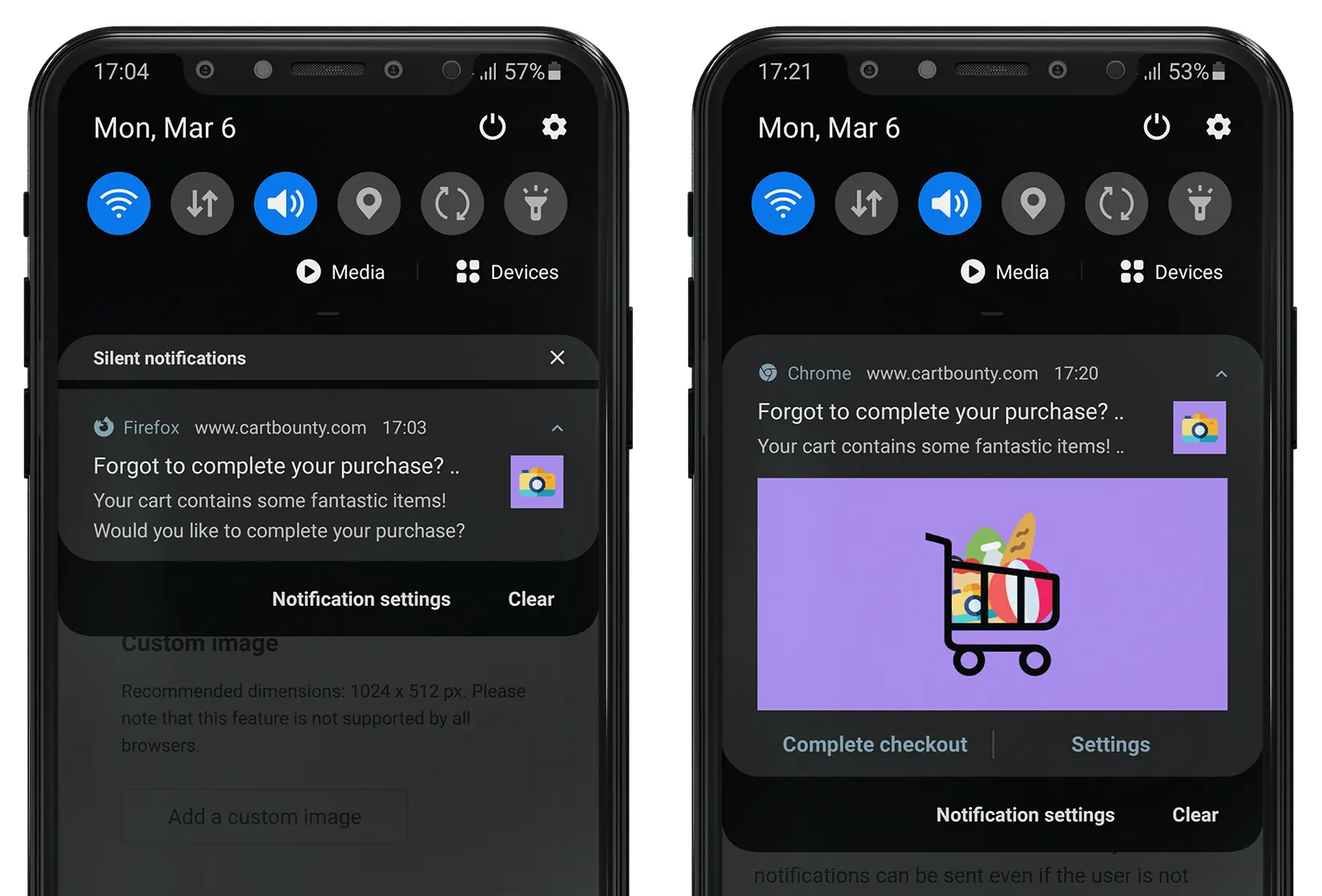 Push notification example on Firefox (left) and Google Chrome (right) inside an Android mobile phone Push notification example on Firefox (left) and Google Chrome (right) inside an Android mobile phone