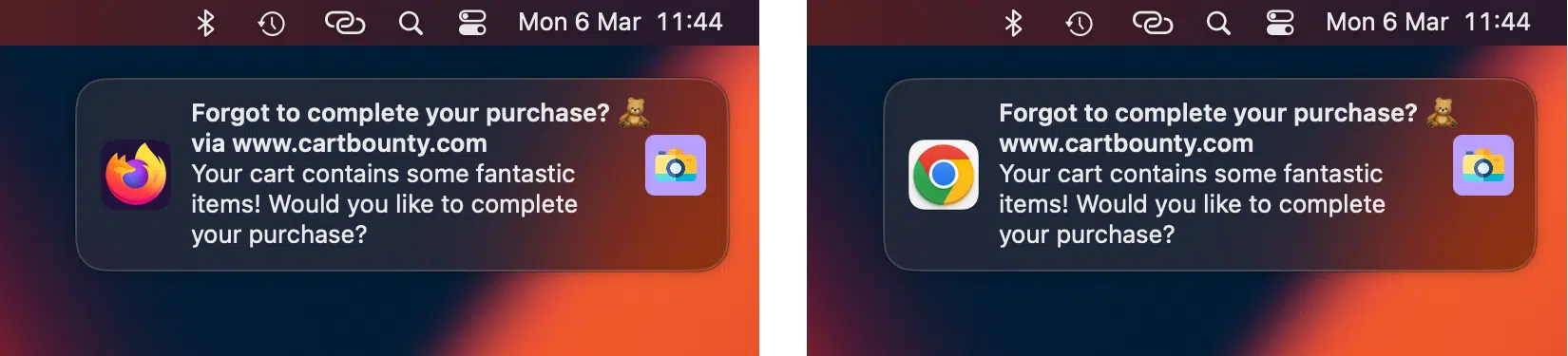 Push notification example on Firefox (left) and Google Chrome (right) in MacOS Push notification example on Firefox (left) and Google Chrome (right) in MacOS