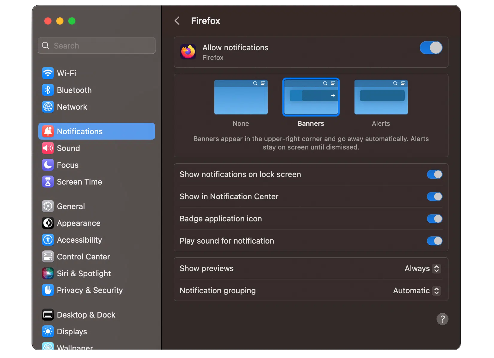 Push notification settings for Firefox in MacOS