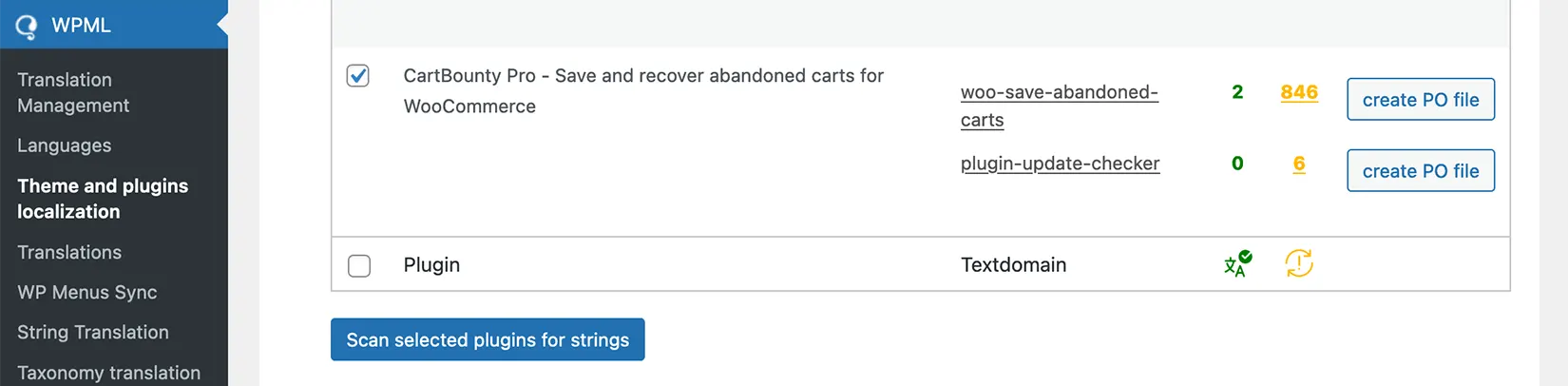 How to scan CartBounty Pro plugin for translation strings and update WPML string database