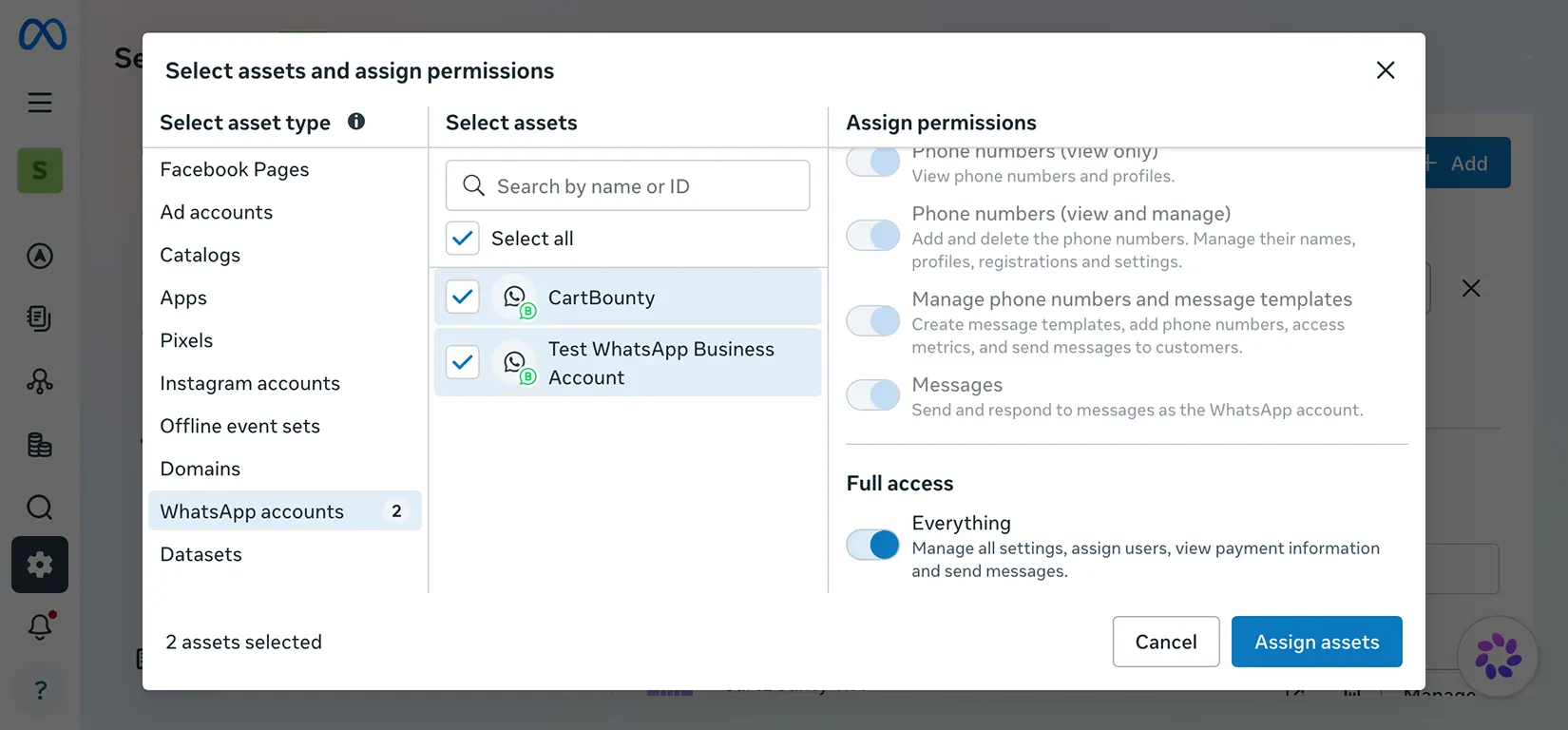 Assign WhatsApp account permissions to the CartBounty System User in Meta Business Settings