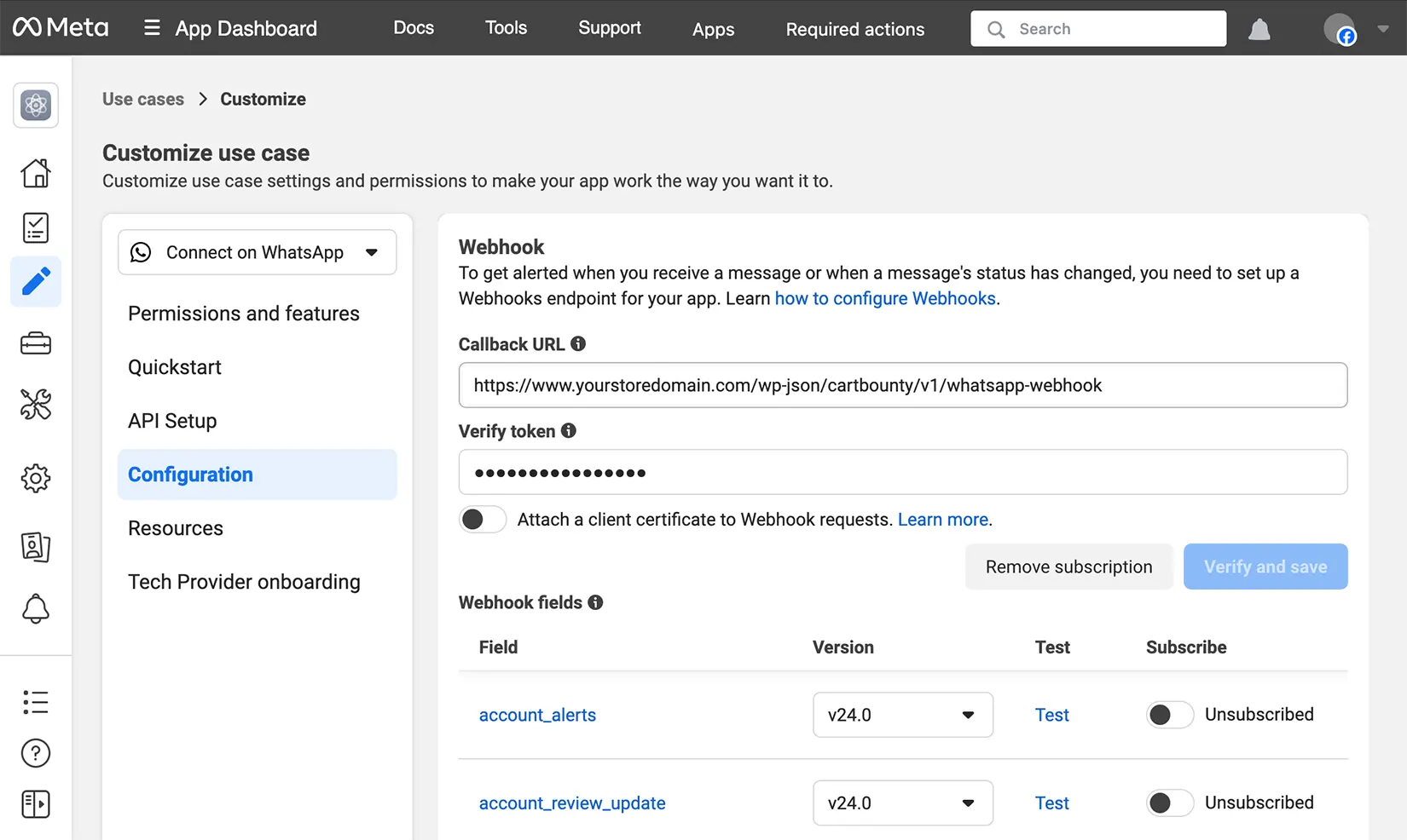 WhatsApp webhook configuration settings WhatsApp webhook configuration settings