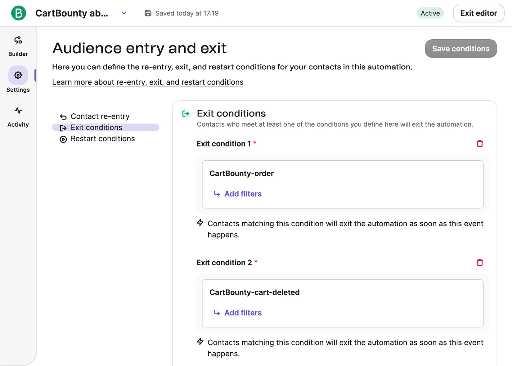 Abandoned cart automation exit conditions using CartBounty custom events