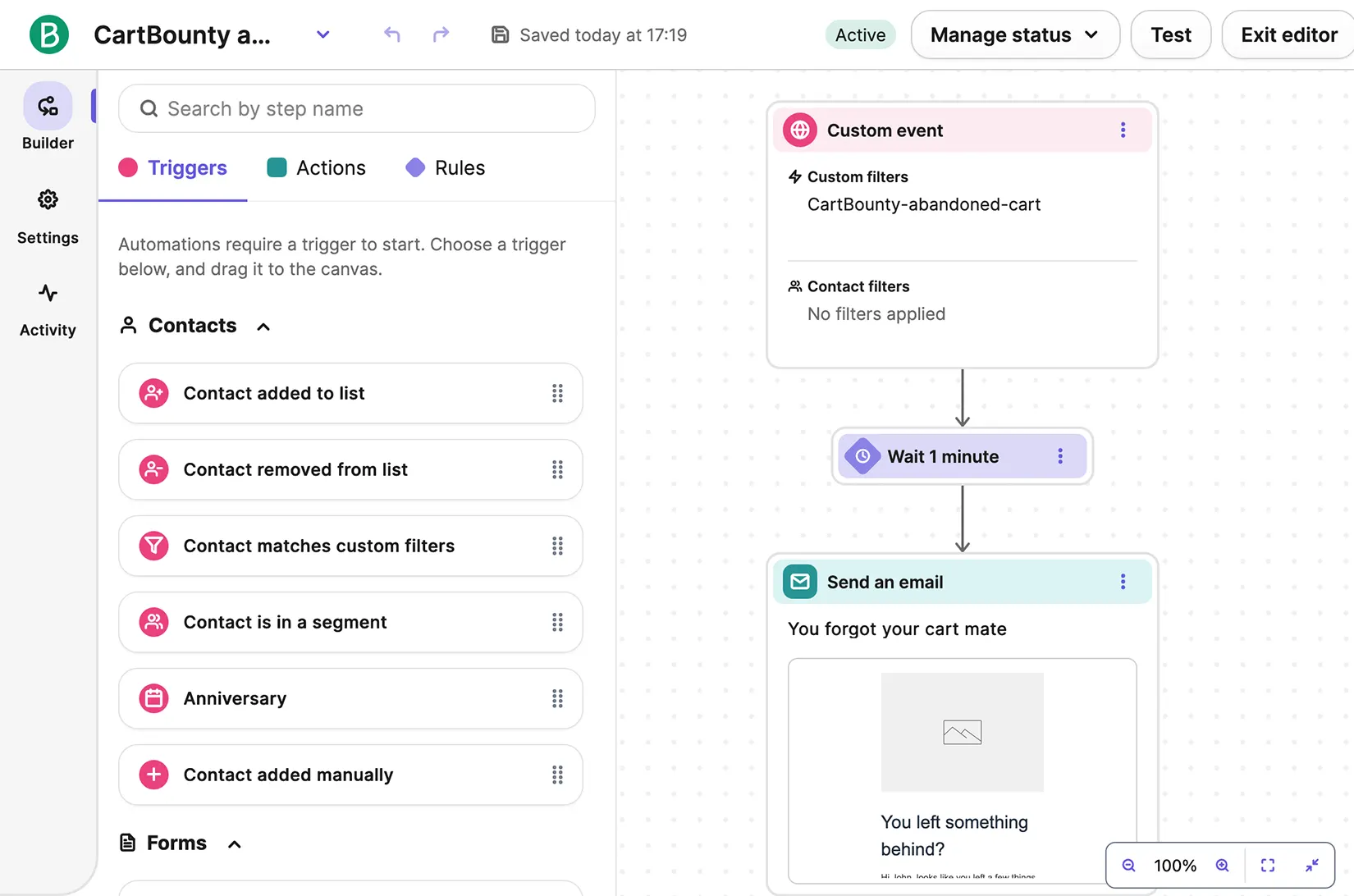 Abandoned cart recovery automation example in Brevo